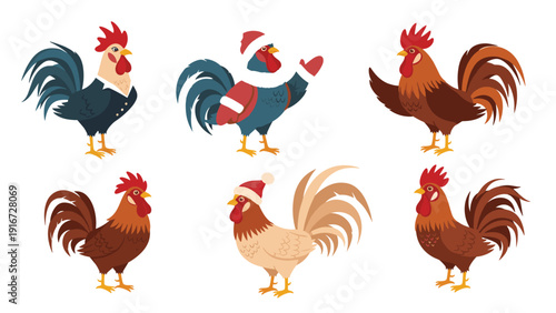 Collection of six colorful roosters in various poses including some wearing festive santa hats and a dapper suit.