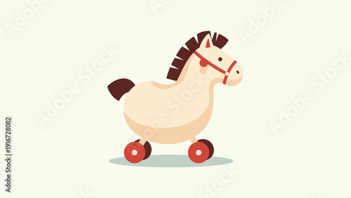 Childrens wooden rocking horse toy on wheels with a dark mane and tail depicted in a simple and clean flat cartoon style.