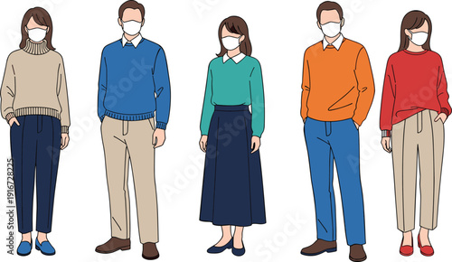 Group of people wearing protective face masks standing together in casual autumn clothes, flat design vector illustration for health awareness