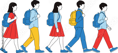 Flat vector illustration of students walking in line with backpacks, diverse group of young school children going to class together.