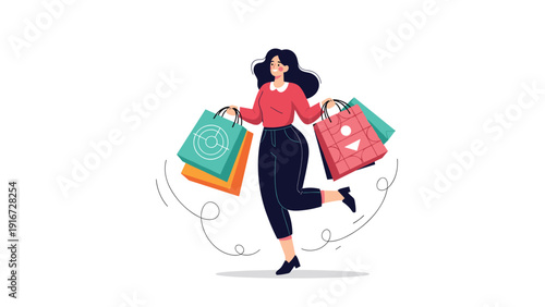 Happy young woman jumping for joy while carrying multiple colorful shopping bags from a very successful shopping spree.