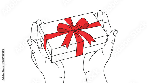 Two hands carefully holding a white rectangular gift box tied with a bright red ribbon and a beautiful large bow.