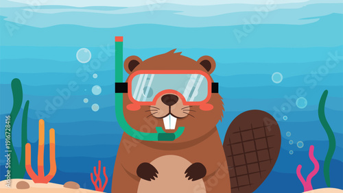 Friendly beaver wearing a scuba mask and snorkel while swimming underwater among colorful coral and seaweed.