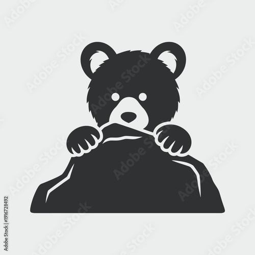 A playful black bear cub peeking over a large rock in a forest setting. isolated on white background, Vector, illustration