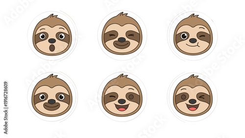 Collection of six cute sloth face stickers showing various facial expressions like happy, winking, surprised, and laughing in circles.