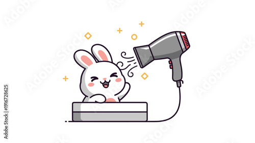Adorable white bunny character happily drying its ears with a grey hair dryer after a bath with sparkling decorative elements.