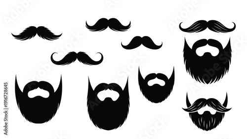 Comprehensive collection of various black mustache and beard silhouettes representing different facial hair styles for men's fashion.