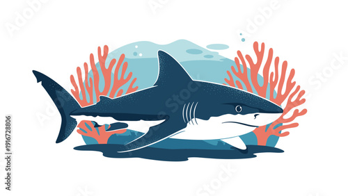 Powerful great white shark swimming through a coral reef environment with red coral branches and a textured water background.