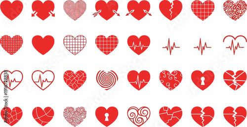 Red heart icons set with love heartbeat broken romantic vector illustration collection