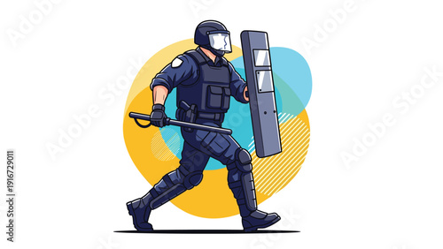Armed riot police officer in full tactical gear walking with a protective shield and a baton against a colorful background.