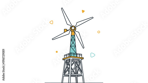 Illustration of a modern three blade wind turbine mounted on a metal tower structure for clean renewable energy production.
