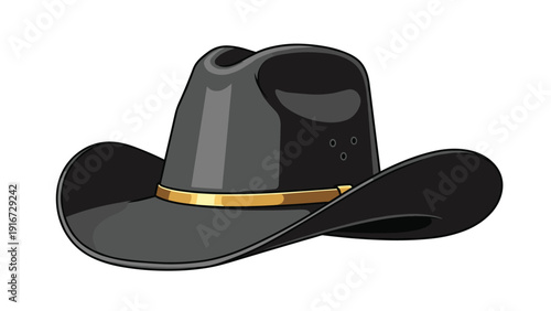 High quality illustration of a classic black cowboy hat with a thin gold band around its base in a three quarters view.