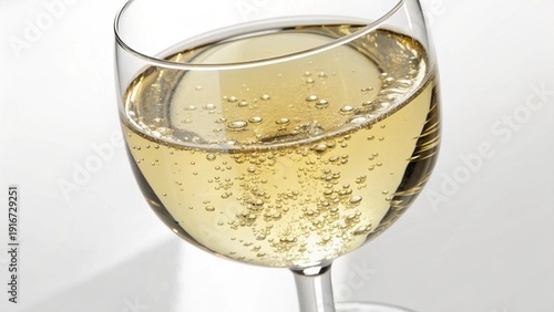 Two glasses of transparent crystal champagne wineglasses filled with sparkling yellow alcohol beverage represent a close-up celebration drink isolated on white at a party bar