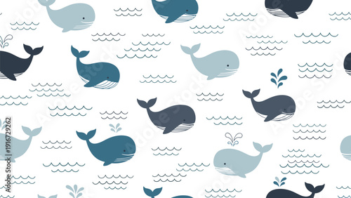 Charming seamless background pattern featuring blue and grey whales swimming among stylized waves in the deep ocean.