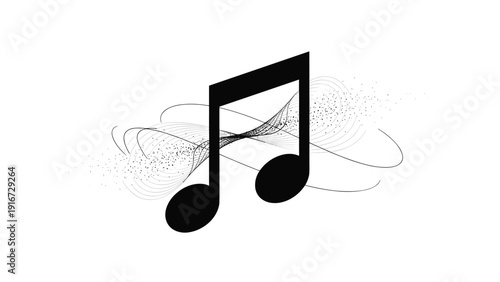 Black eighth music note silhouette floating amidst abstract flowing sound waves and particles on a clean white background.
