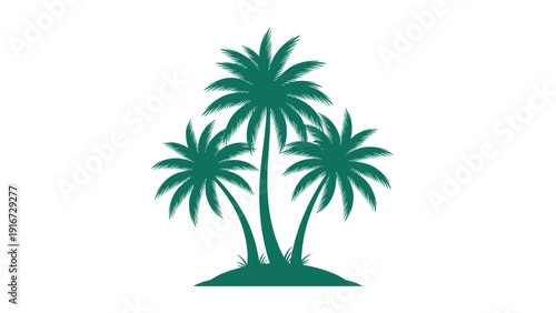 Symmetrical green silhouette of three palm trees growing on a tiny desert island against a white background for travel.