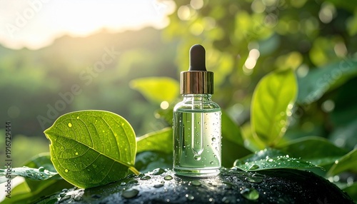 Close-up of a glass bottle with a dropper, surrounded by green leaves and water droplets, natural background.