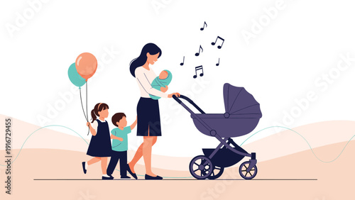 Caring mother walking with her baby in a carrier and two young children while pushing a blue stroller outdoors under musical notes.