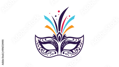 Intricate purple masquerade mask decorated with artistic patterns and colorful feathers for festive carnival celebrations or parties.