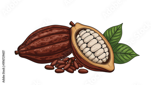 Detailed illustration of whole and halved cacao pods with white beans inside and a pile of dried cocoa beans with green leaves.