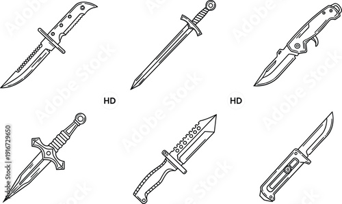 Tactical knives and combat daggers line icon set with folding blade vector illustration collection
