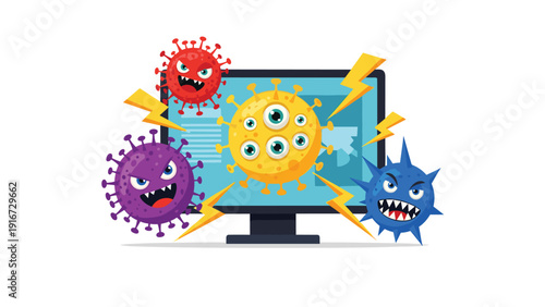 Digital computer monitor surrounded by colorful and aggressive computer virus characters and lightning bolts representing cyber threats.