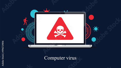 Laptop screen displaying a prominent red warning triangle with a skull and crossbones indicating a dangerous computer virus.