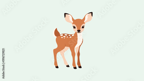 Sweet baby deer or fawn standing gracefully on a light green background with its signature white spots and large ears.