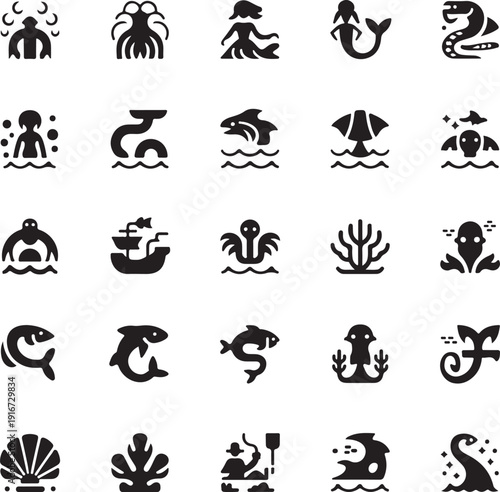 black silhouettes of various sea creatures and ocean icons on white background