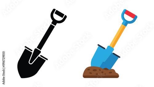 Set of two gardening shovels featuring a solid black silhouette and a colorful blue shovel digging into a mound of brown soil.