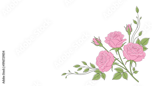 Beautiful corner floral arrangement featuring blooming pink roses and delicate buds on green stems for decorative card designs.