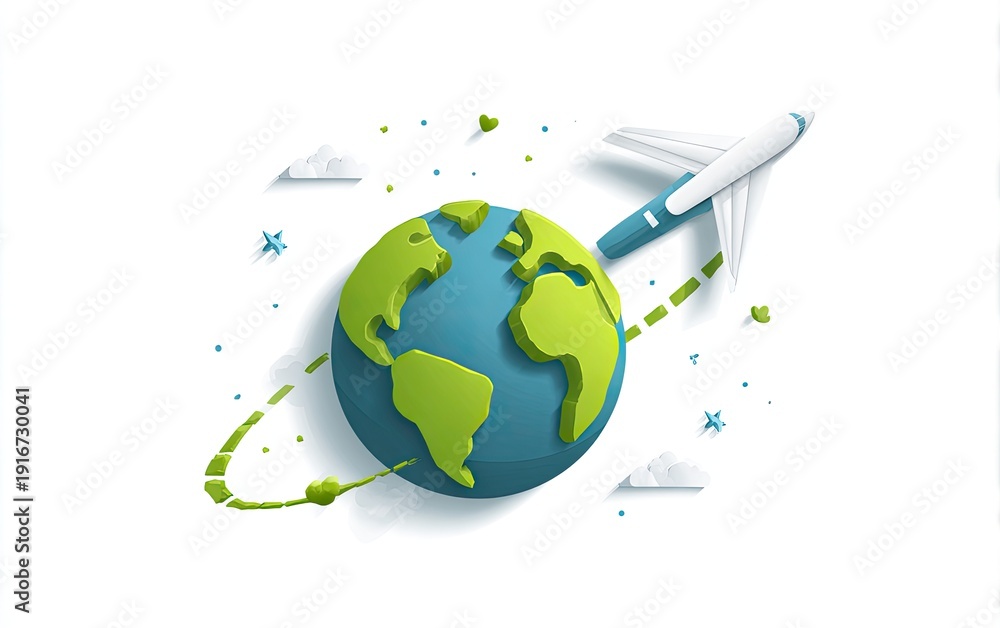 Fototapeta premium Airplane circling globe with clouds, stars, and dotted path