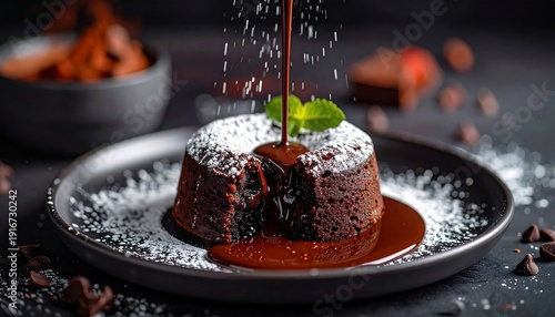 Delicious Chocolate Lava Cake with Powdered Sugar and Mint Garnish, Dessert Delight.