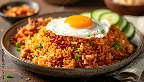 Delicious Indonesian Fried Rice with Egg and Cucumber Garnishes on a Plate.
