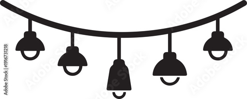 Black silhouette of a string of five hanging lights on a curved wire string lights illumination decoration
