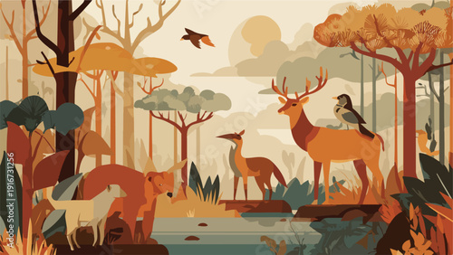 Stylized forest scene with diverse animals and autumnal foliage under a hazy sky