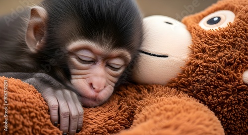 Baby Japanese Macaque with Mother Doll in Winter Close-Up.