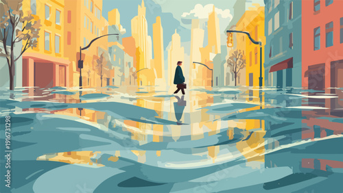 A solitary figure walks through a flooded cityscape with reflections in the water
