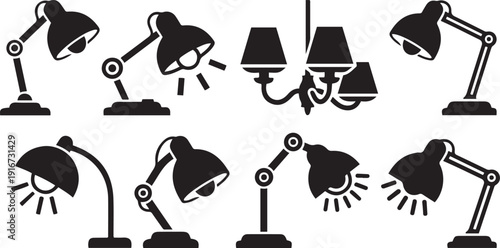 Collection of black silhouette desk lamps and a chandelier on white background table lamp lighting