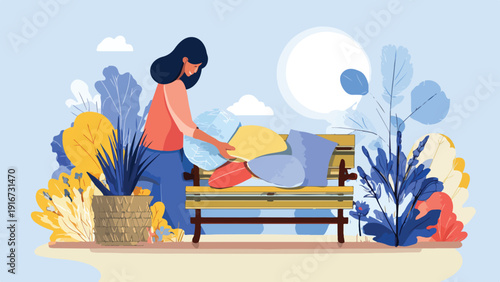 A woman arranges cushions on a park bench surrounded by colorful plants and a large sun