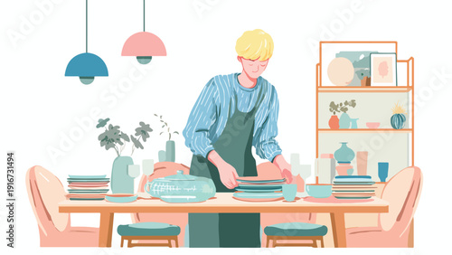 Person sets the table with plates, bowls, and a covered dish