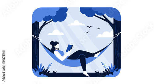 Woman reading a book while relaxing in a hammock outdoors  