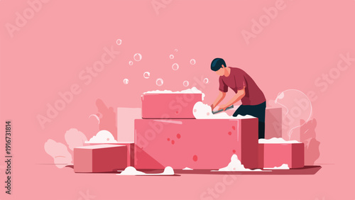 A person sculpts a pink block with a tool, surrounded by bubbles and foamy elements