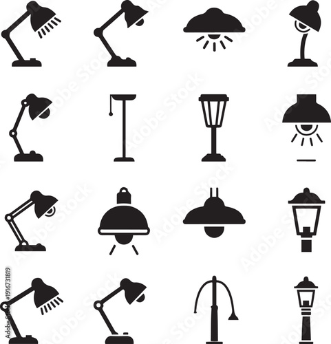 Collection of black silhouette of various lamps and streetlights on a white background desk lamp floor lamp