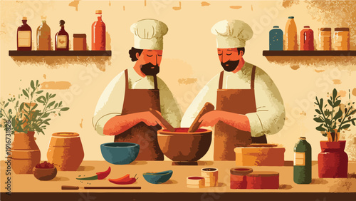 Two chefs in aprons and hats prepare food in a rustic kitchen with shelves of bottles and jars