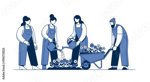 Gardening team working together to water flowers and transport soil  