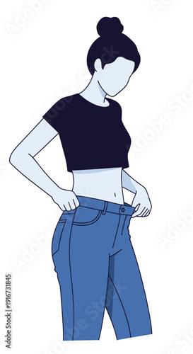 A young woman pulls down her jeans to show how much weight she has lost.