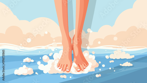 Bare feet emerge from frothy water with a soft, cloudy sky overhead