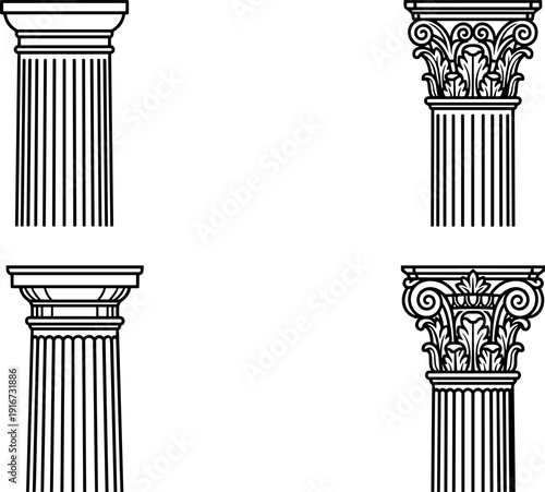 Classical column capitals vector set, Greek Roman architecture pillars illustration, antique decorative elements isolated line art collection design bundle
