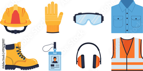 Construction safety equipment vector, personal protective equipment icons, hard hat gloves goggles boots vest earmuffs uniform protection illustration set isolated flat design collection perfect